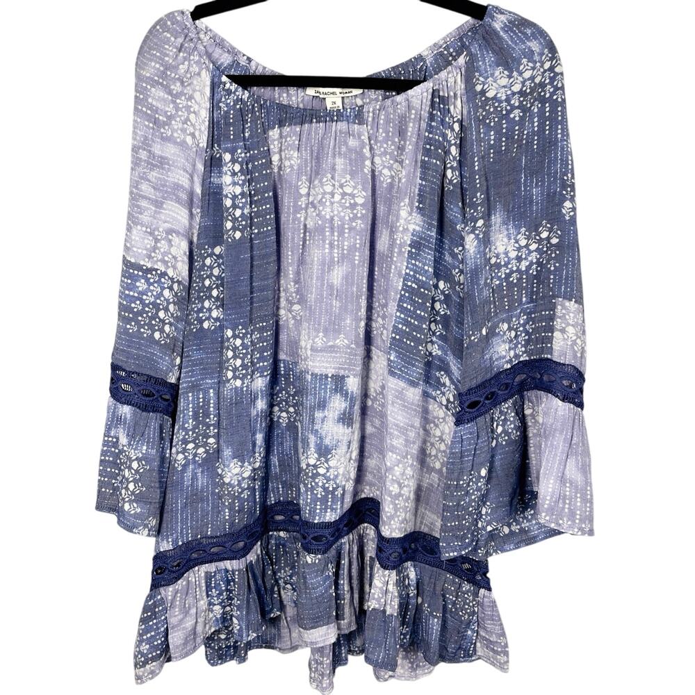 Zac & Rachel, Size 2X, Blue & Purple Patchwork Boho Blouse, Crochet Trim, Plus